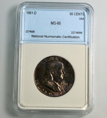 評級幣 1961年D記 美國 富蘭克林 5角 半元 銀幣 鑑定幣 NNC MS66