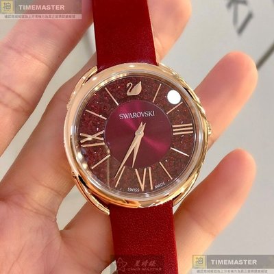 SWAROVSKI手錶,編號SW00014,36mm玫瑰金圓形精鋼錶殼,大紅中二針顯示, 滿天星錶面,大紅真皮皮革錶帶