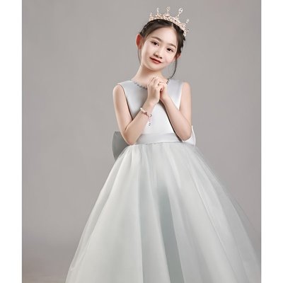 淺灰色夏季兒童 禮服洋裝高級感 公主連身裙裙女童生日主持人大童演出鋼琴演奏