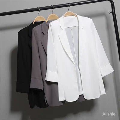 （尤衣庫）AISH雪紡西裝外套女 韓版寬鬆薄款防曬衫夏季新款白色中長款七分袖防曬衫（現庫）