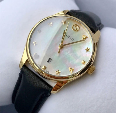 GUCCI G-Timeless 珍珠貝母錶盤 黑色皮革錶帶 石英 女士手錶 YA126589