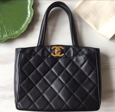 Chanel vintage 大cc黑色荔枝皮魚子醬手提包