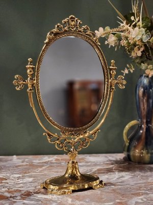 【卡卡頌  歐洲古董】法國 細膩 厚實純銅 洛可可 可調角度 桌鏡 化妝鏡 歐洲老件 MI0141 ✬