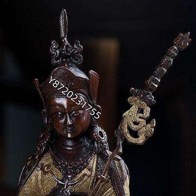 蓮花生大士銅像尼泊爾手工現代雕花7寸銅鍍金室內居家擺件【功德坊】銅器 佛像 擺件