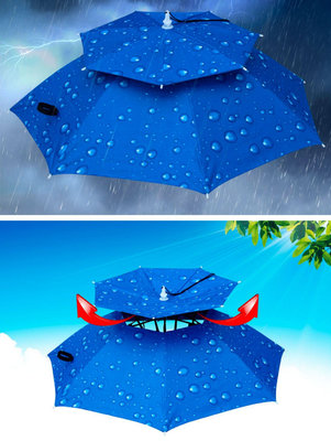 新品頭戴式雨傘太陽傘雙層防風防雨釣魚傘防曬折疊頭頂帽戶外遮陽垂釣