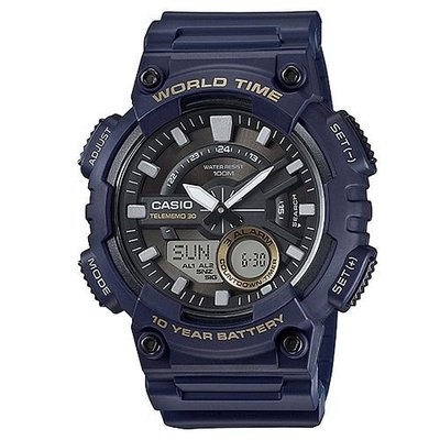 CASIO WATCH 卡西歐悍將世界時間海軍藍雙顯運動電子腕錶 型號：AEQ-110W-2A【神梭鐘錶】