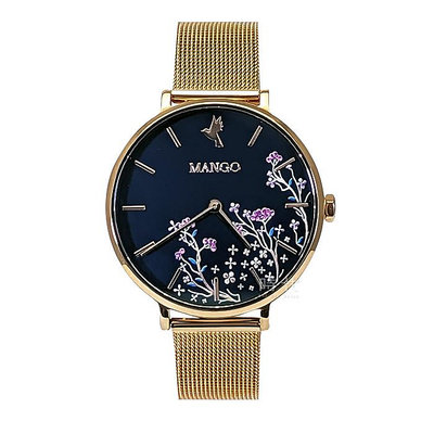 【MANGO】MA6767L-55R 彩繪花卉 藍寶石鏡面 米蘭錶帶女錶 丈青/玫瑰金 34mm