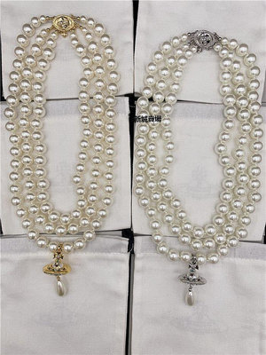 【現貨精選】Vivienne Westwood 金色銀色三層打結珍珠有字立體土星項鏈