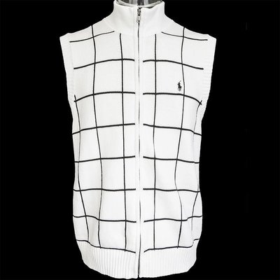 美國品牌Ralph Lauren POLO白色格紋純棉立領拉鍊背心 L號