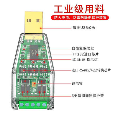 工業USB轉RS485串口線免驅422/485轉USB串口轉換器COM線FTDI進口~晴天