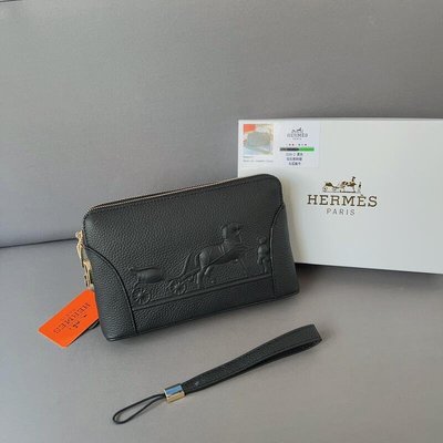 Jisoo代購 Hermes牛皮雙拉鏈夾包 大容量男式商務手腕包 荔枝紋馬車圖案單肩包