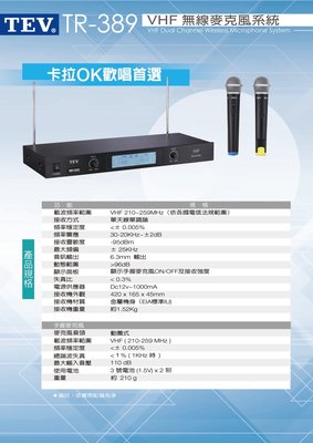 【昌明視聽】台灣電音 TEV TR-389 高頻無線麥克風 台灣製造 品質穩定 維修快速 附二支無線麥克風