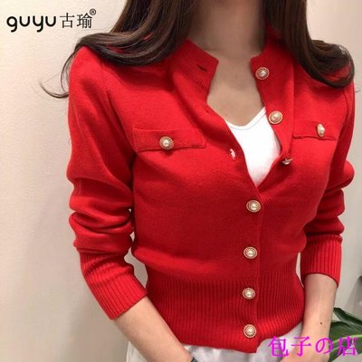 包子の店韓版修身紅色毛衣單排扣長袖針織開衫秋季女生百搭上衣小外套