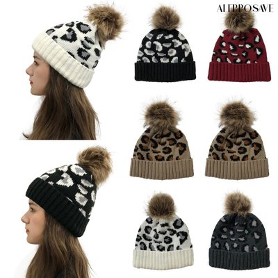 豹紋毛線針織帽 帽子女時尚保暖超大毛球帽-一點點