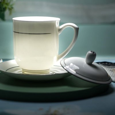 熱銷 陶瓷帶蓋骨瓷茶杯10只套裝辦公室會議杯水杯家用單位瓷器定制logo簡約