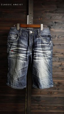 CA 日系品牌 BIG TRAIN 藍系仿舊刷紋 五分牛仔短褲 一元起標無底價Q270