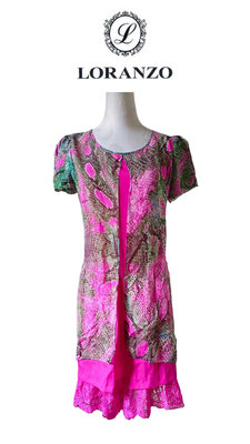 都會名牌~【LORANZO ROMANZA】馬卡龍粉紅豹紋蕾絲裙擺100%絲洋裝~F36