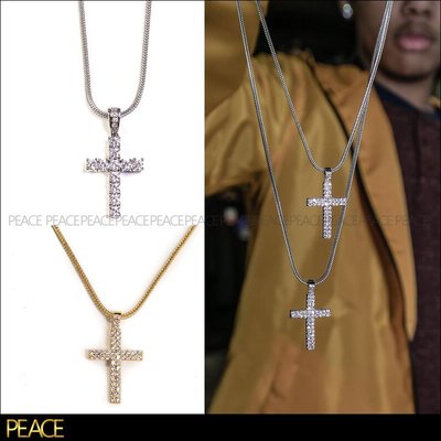 【PEACE】Golden Gilt 18k Gold 十字架 雙排 鑲鑽 項鍊 氧化鋯 離子鍍金 嘻哈 饒舌