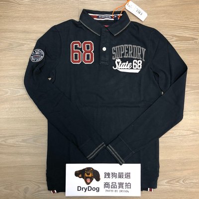 跩狗嚴選® 極度乾燥 Superdry 深藍 長袖 Polo衫 電繡 Logo 素色 純棉 上衣 素T T恤 印度製