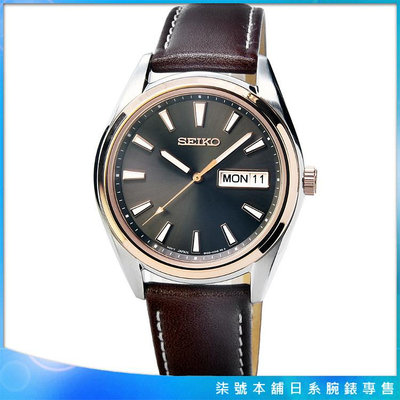 【柒號本舖】SEIKO精工藍寶石時尚皮帶中型錶-深棕面金框 / SUR452P1