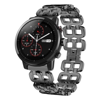 適用於華米Amazfit 2/2S手錶錶帶 華米2S不鏽鋼錶帶 可替換腕帶 雙排手鏈 鏤空錶帶 贈工具 通用22mm錶帶