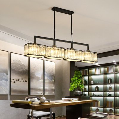 新中式鐵藝水晶餐廳三頭吊燈現代簡約長方形飯廳燈輕奢創意吧臺燈