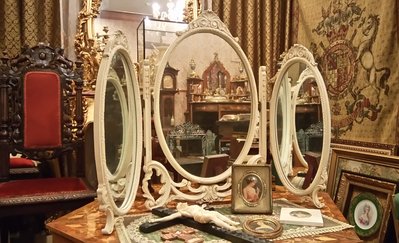 【家與收藏】稀有珍藏歐洲古董法國古典華麗精緻巴洛克花卉浮雕三面鏡/桌鏡7