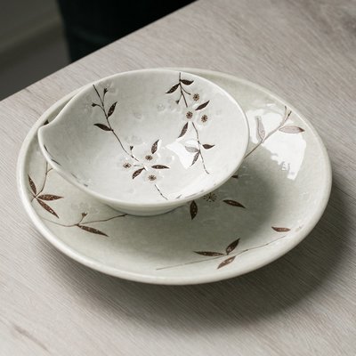 特價！日本進口陶瓷餐具白色櫻花米飯碗湯面碗菜盤子沙拉缽家用碗盤套裝