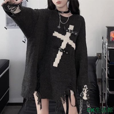 CK生活館千禧辣妹 y2k 龐克風女生衣著 個性女裝 亞文化亞文化朋克暗黑十字架寬鬆針織衫毛衣
