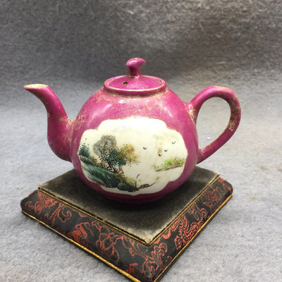 民國時期胭脂紅釉開窗粉彩山水茶壺古董古玩瓷器收藏擺件