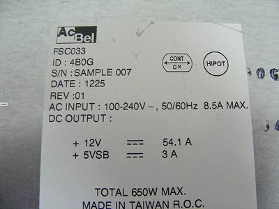 Acbel康舒 FSC033 SAMPLE 007 1U 650W 設備機電源 伺服器電源