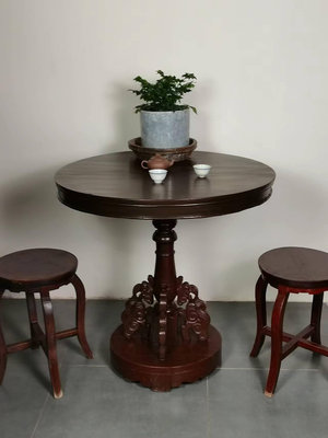 【二手】木小圓桌 餐桌 小茶桌  尺寸：桌面直徑大約80高80 木雕 老物件 擺件【豫園古玩】-1692