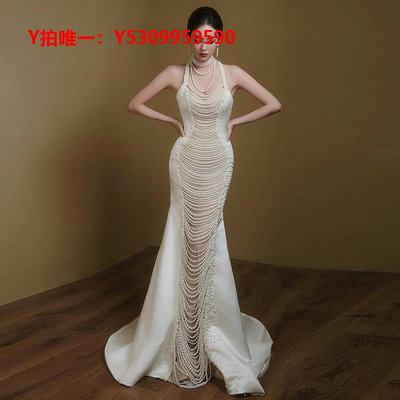 婚紗重工珍珠白色晚禮服女高端高定輕奢宴會氣質魚尾裙主持輕婚紗新娘