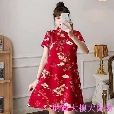 中國風改良式旗袍 復古喜慶大紅色洋裝新款寬鬆大尺碼年輕款旗袍