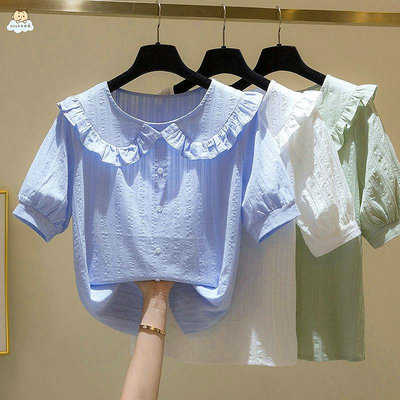 女童t恤 兒童t恤 女童娃娃領短袖襯衣22夏季新款中大兒童韓版洋氣泡泡袖襯衫上衣