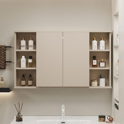 浴室鏡衛生間奶油風折疊風水鏡掛墻式儲物多層實木隱形鏡子單獨鏡柜