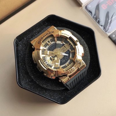 CASIO G-SHOCK 金色錶盤 黑色橡膠樹脂錶帶 模擬數位 雙顯 男士手錶 GM1101GA