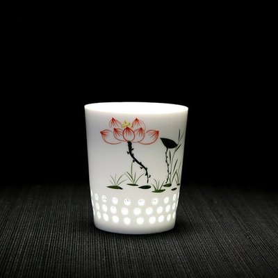 茶具 蜂巢玲瓏瓷個人杯 日式小酒杯 功夫茶海 茶杯 高白瓷  荷 荷花玲瓏杯