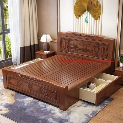 現貨 中式實木床1.8米雙人床現代家用1.5米單人臥室仿古大床雕花儲物床-可開發票