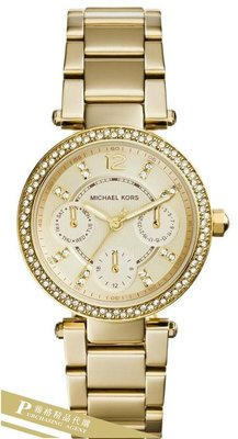 雅格時尚精品代購Michael Kors 經典手錶 雙環晶鑽金色三眼腕錶 MK6056 美國正品