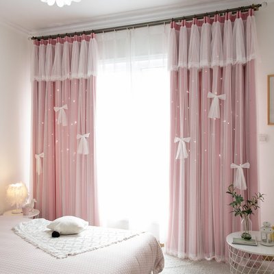現貨熱銷-粉色鏤空星星網紅夢幻蕾絲公主風窗簾雙層全遮光兒童女孩臥室少女(null)