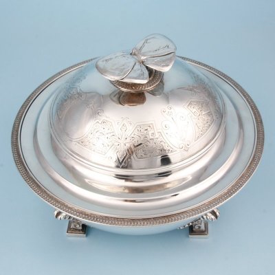 促銷 西洋古董銀器19世紀美國Tiffany收藏級純銀帶蓋餐盤銀盤餐碗可開發票