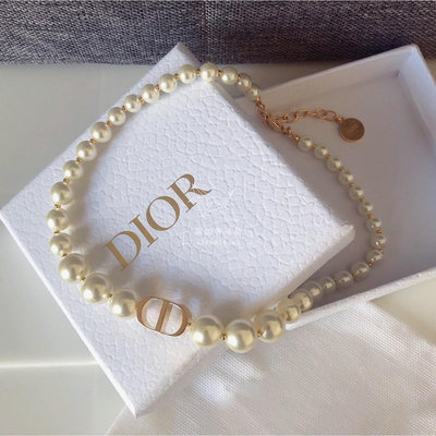 歐洲二手DIOR 迪奧 30Montaigane 珍珠短 項鏈 女款 金色 時尚簡約 項鏈