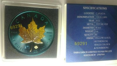 (現貨)限量500枚~加拿大楓葉太空金屬鍍金鍍釕彩色銀幣一盎司，銀幣，錢幣，紀念幣～加拿大楓葉銀幣太空金屬鍍金鍍釕彩色銀幣