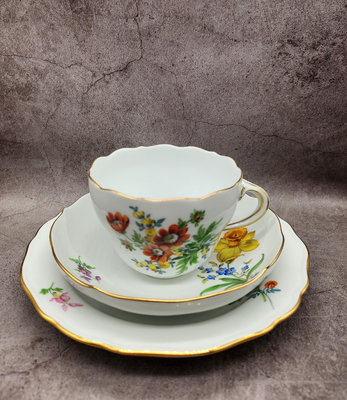德國Meissen梅森花卉咖啡杯碟盤3件套1847