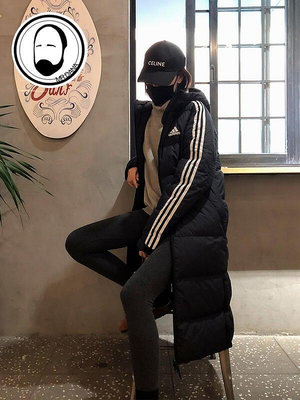 Adidas阿迪達斯三葉草男女情侶黑白三條杠長款羽絨服外套H20760