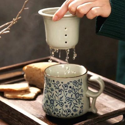 陶瓷茶杯茶水分離杯 帶蓋帶過濾泡茶杯 辦公室水杯 馬克杯茶具花茶杯子 泡茶杯 日式茶杯 可開發票