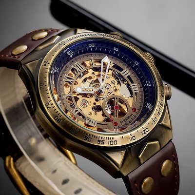 現貨手錶腕錶外貿 復古鏤空機械錶男士時尚休閑 古銅色自動機械機手錶