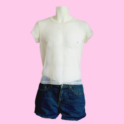 【叵帥】【Bjs啵古着】1990年代Soda米白色透視感絲紗短袖t恤（25090266）
