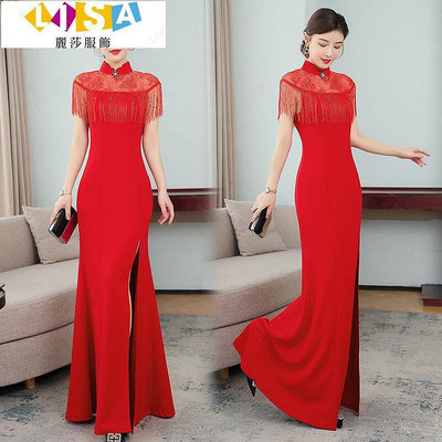 R1605流蘇復古中國風改良旗袍婚宴晚禮服洋裝紅色,M4XL-麗莎服飾